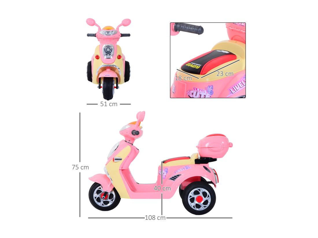 Vente Unique Moto Scooter électrique Pour Enfants 6 V Env. 3 Km/h 3 Roues Et Topcase Effet Lumineux Et Sonore Rose