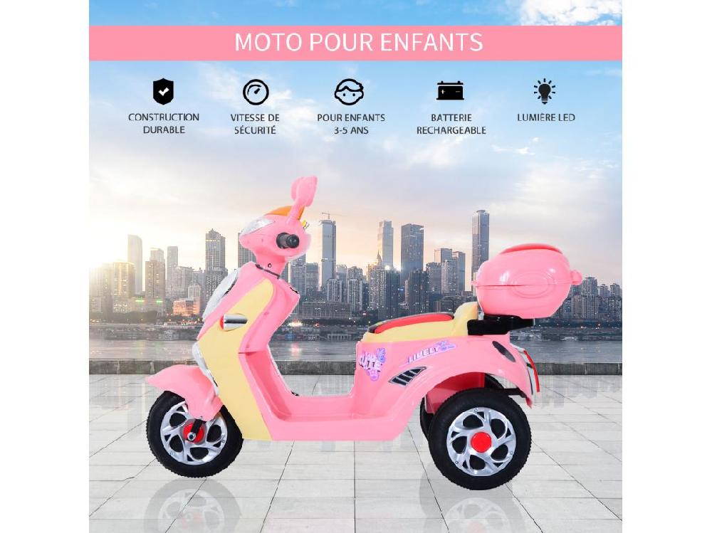 Vente Unique Moto Scooter électrique Pour Enfants 6 V Env. 3 Km/h 3 Roues Et Topcase Effet Lumineux Et Sonore Rose