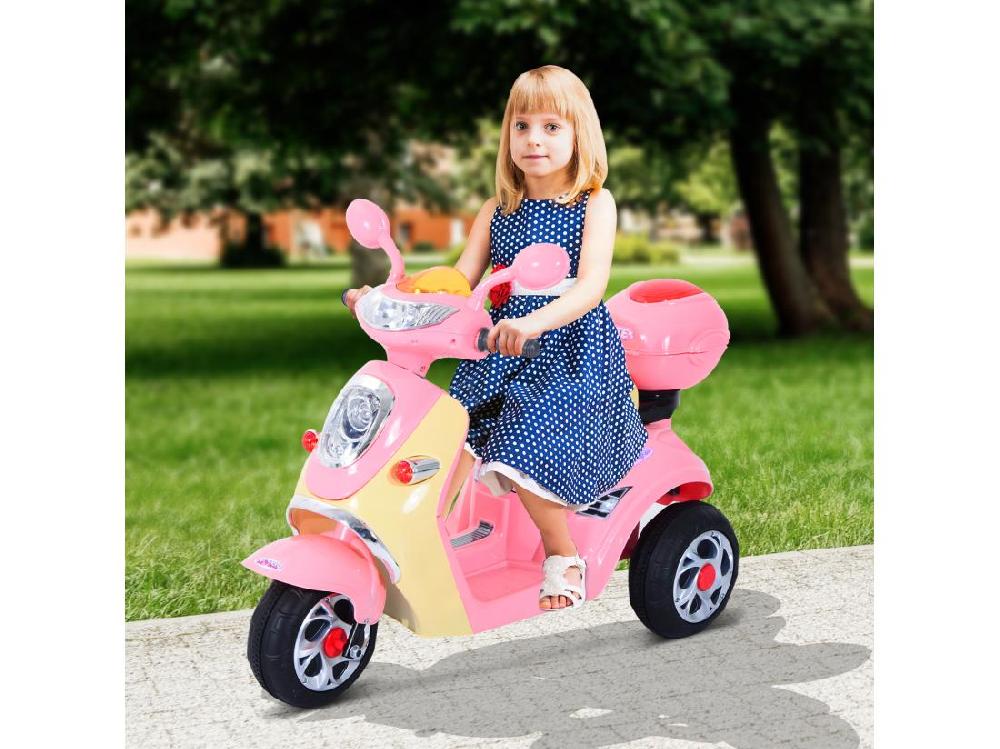 vente unique Moto scooter électrique pour enfants 6 V env. 3 Km/h 3 roues et topcase effet lumineux et sonore rose