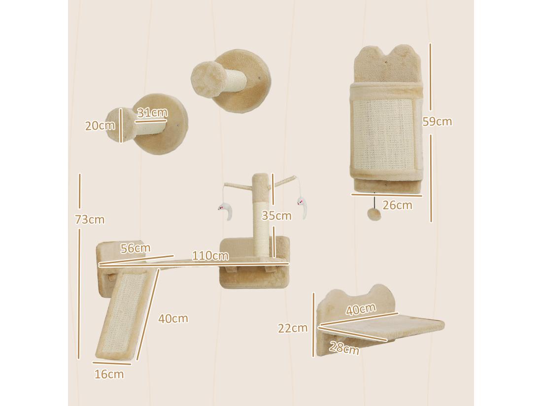 Vente Unique Mur D'escalade Pour Chat - Arbre à Chat Design Mural - Griffoirs Grattoirs Jeux - Sisal Naturel Peluche Beige