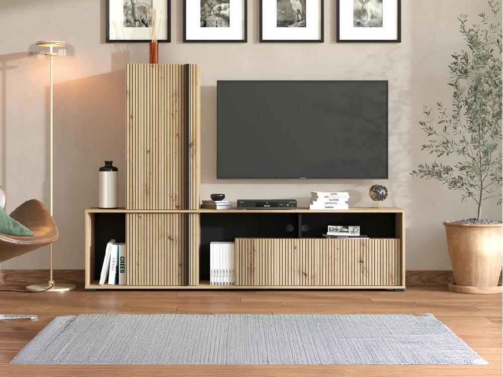 vente unique Mur TV avec 3 portes et 3 niches - Naturel clair et noir - BELUTZY