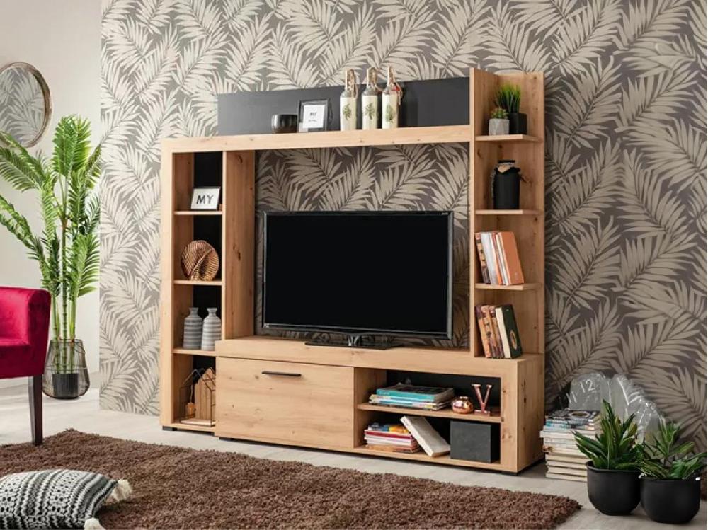 vente unique Mur TV BALTIMORE - Avec rangements - Coloris : Chêne & Anthracite