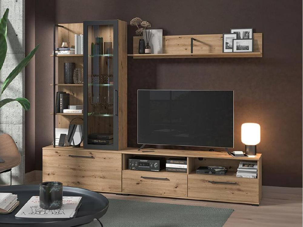 vente unique Mur TV DUBLIN avec rangements - Coloris: Chêne & noir