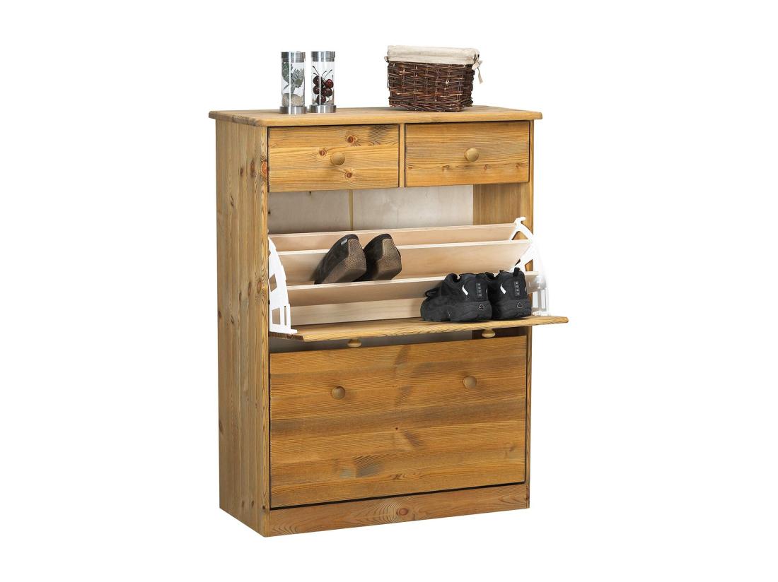 vente unique Nelly meuble à chaussures 2 claquement de portes 2 tiroirs pin teinté