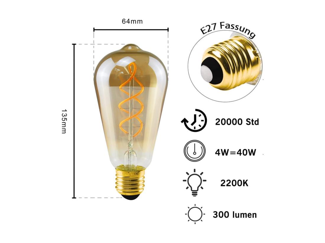 Vente Unique NETTLIFE 1 Ampoule Edison E27 LED Vintage Ampoules Décoratives Rétro 4W Lampes à Filament Spirale LED ST64 2200K