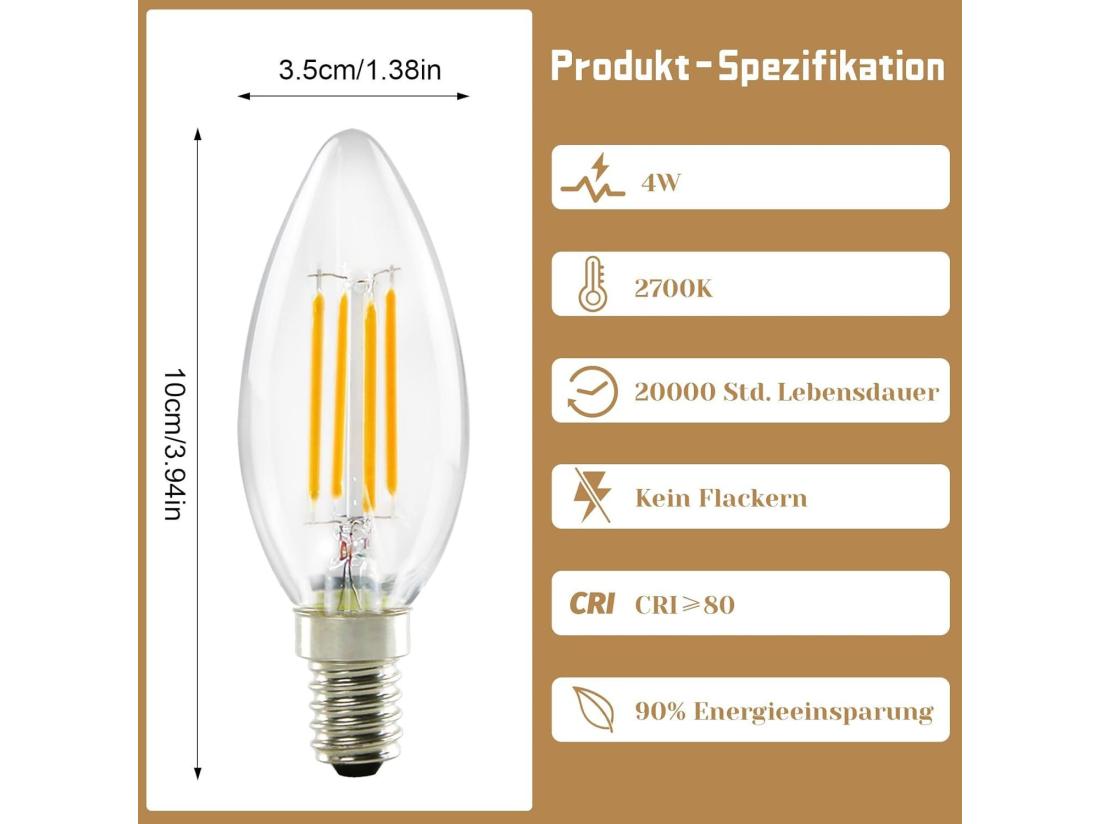 Vente Unique NETTLIFE Ampoule LED E14 Blanc Chaud 6 Pièces 4W Lampe Bougie Filament Vintage 2700K