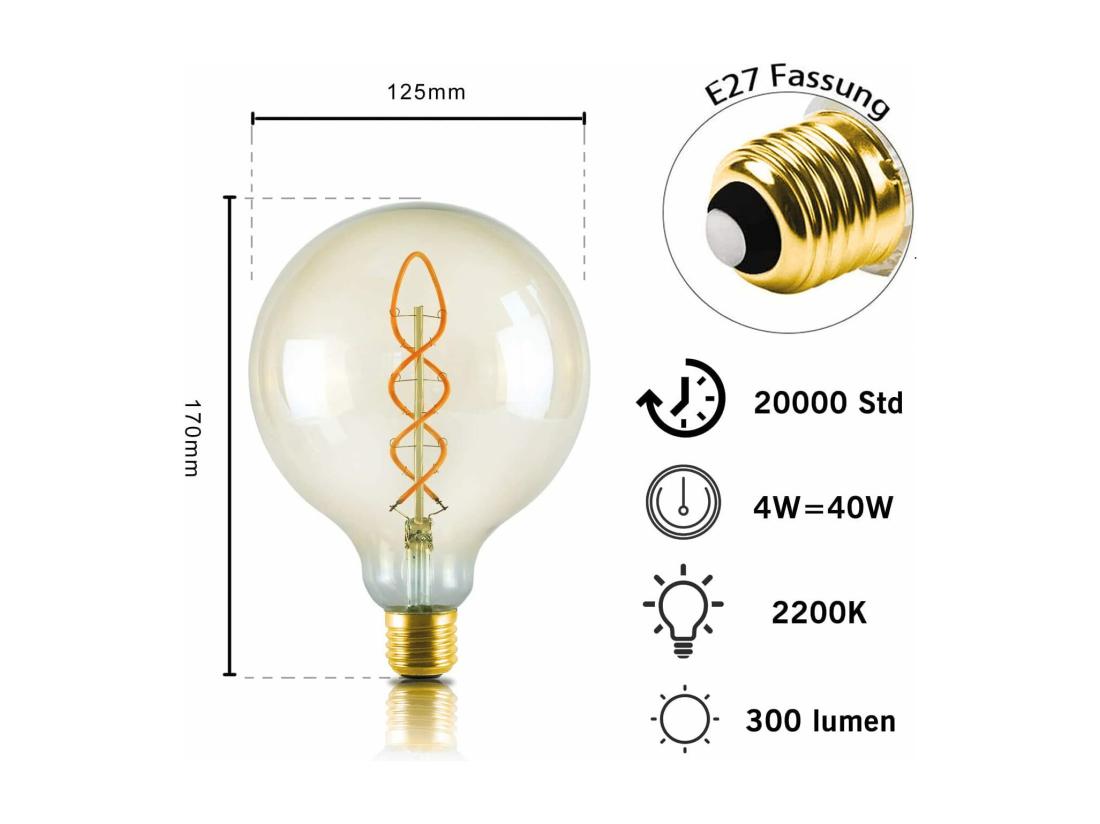 Vente Unique NETTLIFE Ampoule LED E27 Vintage : Ampoule Rétro Edison G125 Grande Lampe Globe Décorative 4W Filament Blanc Chaud éclairage Nostalgique économie