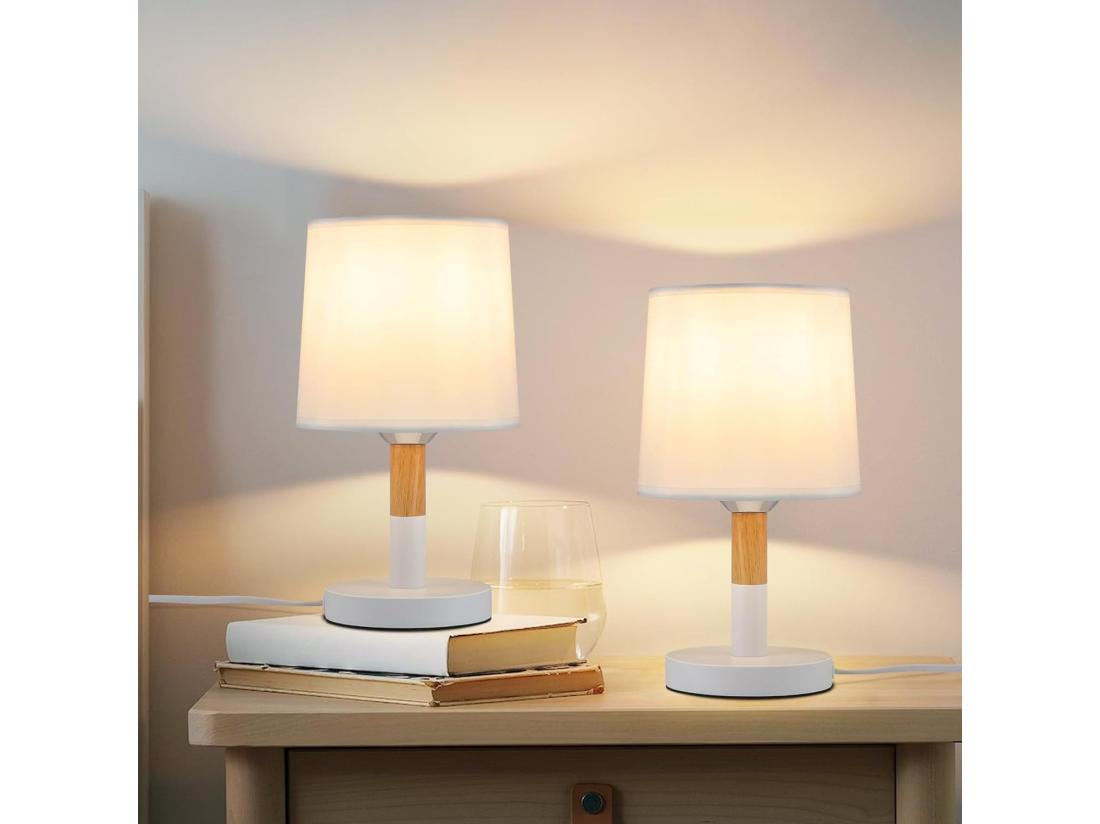 Vente Unique NETTLIFE Lampe De Chevet Set De 2 Lampes De Table Salon - En Bois E27 Douille Bedside Lamp Chambre à Coucher Blanc