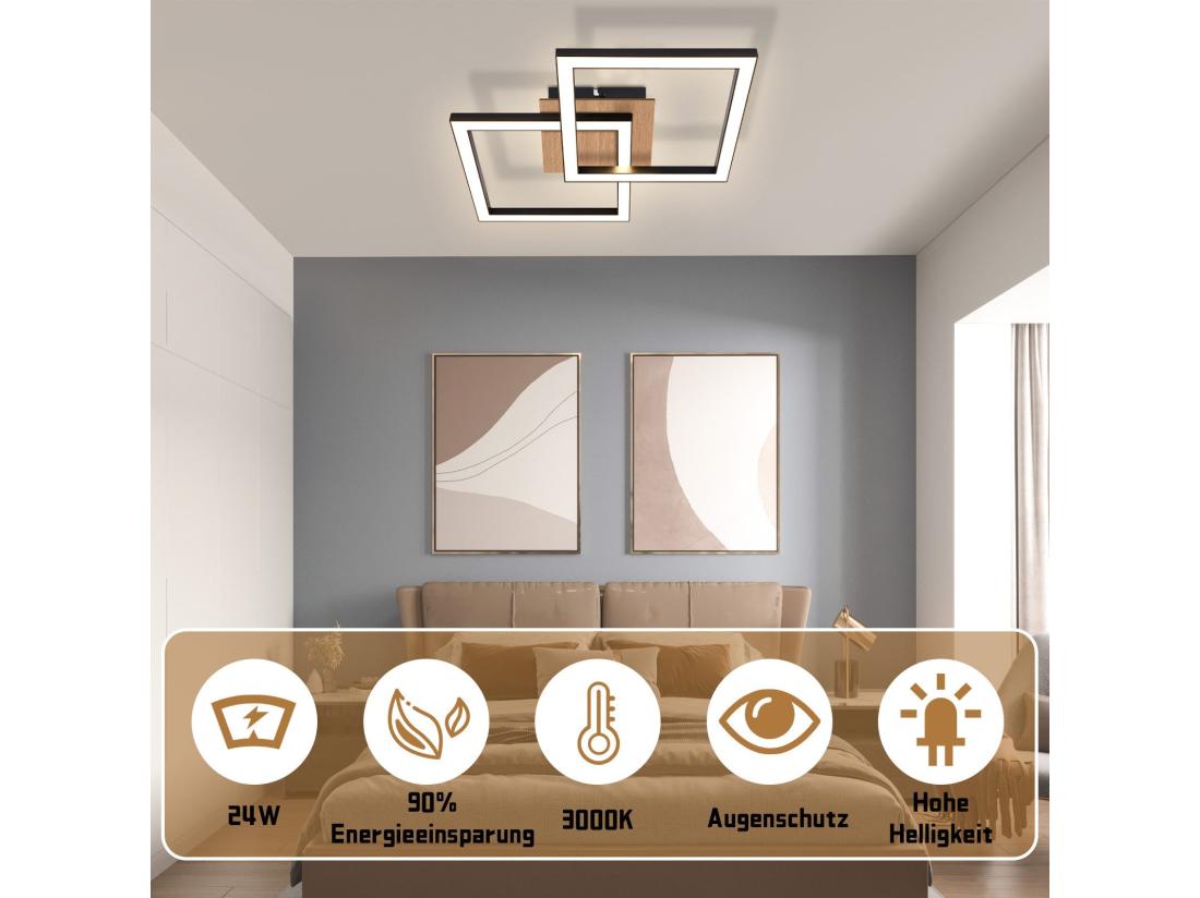 vente unique NETTLIFE Plafonnier LED Noir Bois 3000K Blanc Chaud Design Moderne 24W