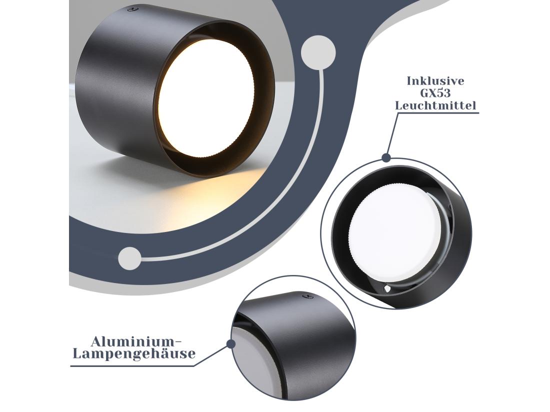 vente unique NETTLIFE Plafonnier Spot LED Noir : Plafond rond en saillie alum. 230V ampoule GX53 5W 3000K pour chambre couloir