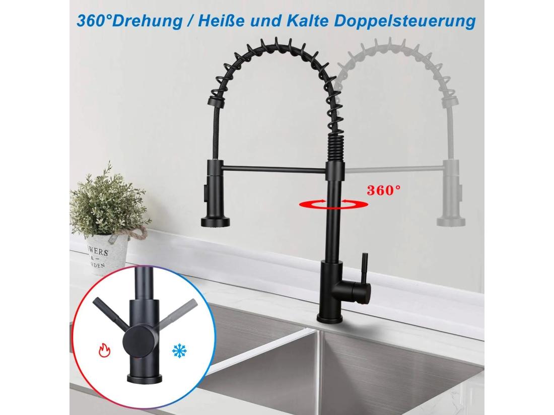 vente unique NETTLIFE Robinet de Cuisine avec Douchette Extractible Mitigeur Cuisine Bec Rotatif Mitigeur d'Évier haute pression avec 2 types de jets Noir