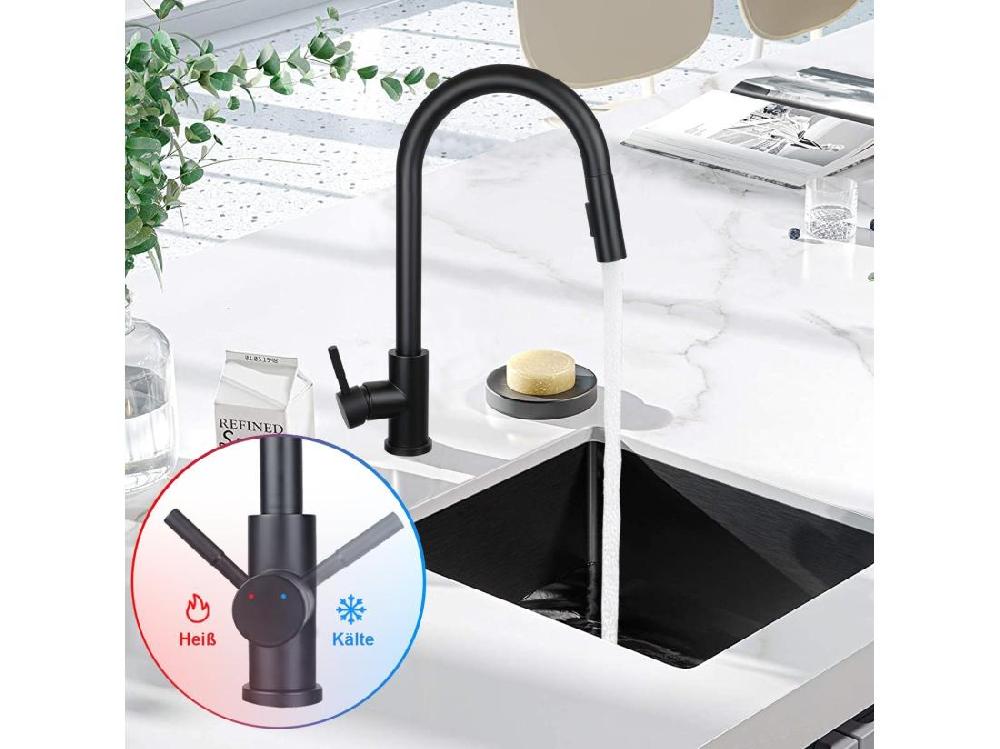 Vente Unique NETTLIFE Robinet De Cuisine Avec Pomme De Douche Extensible à Haute Pression En Acier Inoxydable à Jet Double Et Pivotant à 360 ° Noir