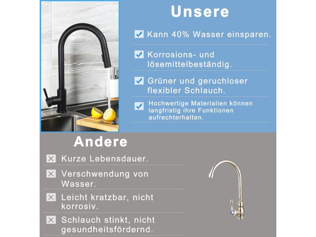 vente unique NETTLIFE Robinet de cuisine avec pomme de douche extensible à haute pression en acier inoxydable à jet double et pivotant à 360 ° Noir