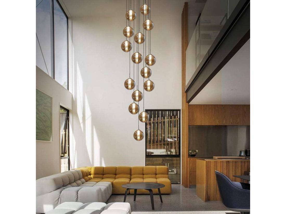 Vente Unique NETTLIFE Suspension Verre Ambre Moderne Diam.41cm G9 Escalier Hauteur Réglable Lustre 15 Ampoules Cuisine Couloir Lampe Pour Salon