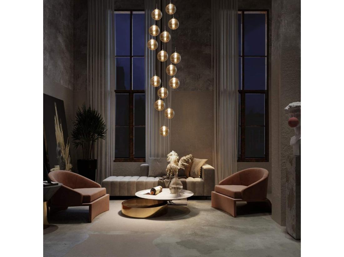 vente unique NETTLIFE Suspension Verre Ambre Moderne Diam.41cm G9 Escalier Hauteur Réglable Lustre 15 Ampoules Cuisine Couloir Lampe pour Salon