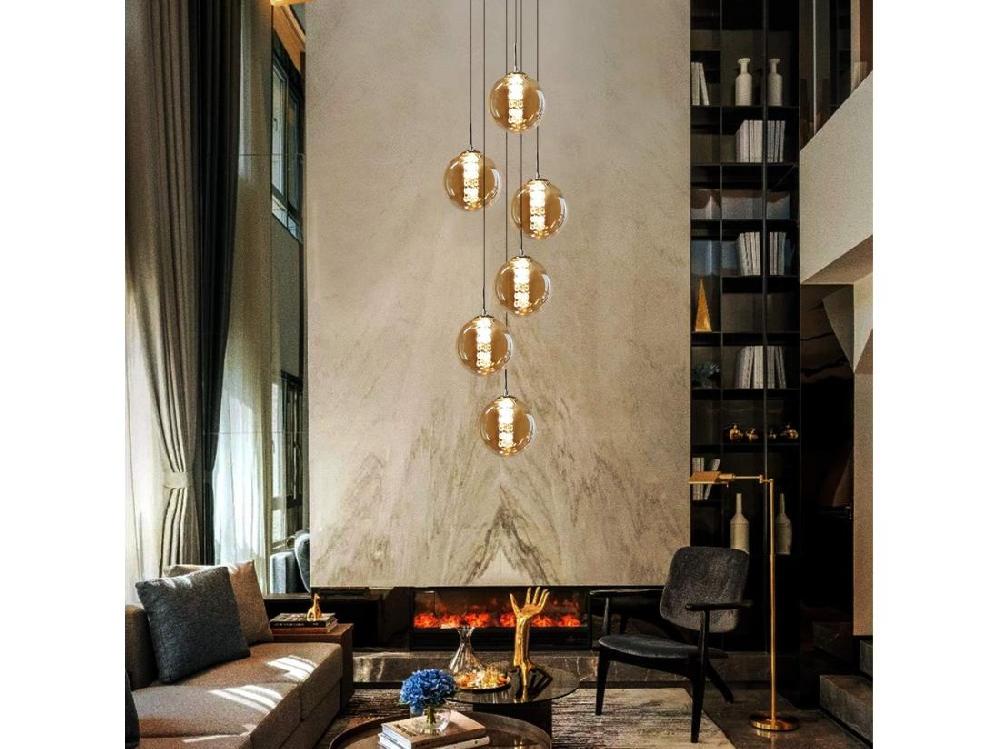 Vente Unique NETTLIFE Suspension Verre Diam.31cm G9 Ambre Table à Manger Boule Réglable En Hauteur 6 Lampes Dans La Cuisine Lampe De Salon Lampe De Chambre