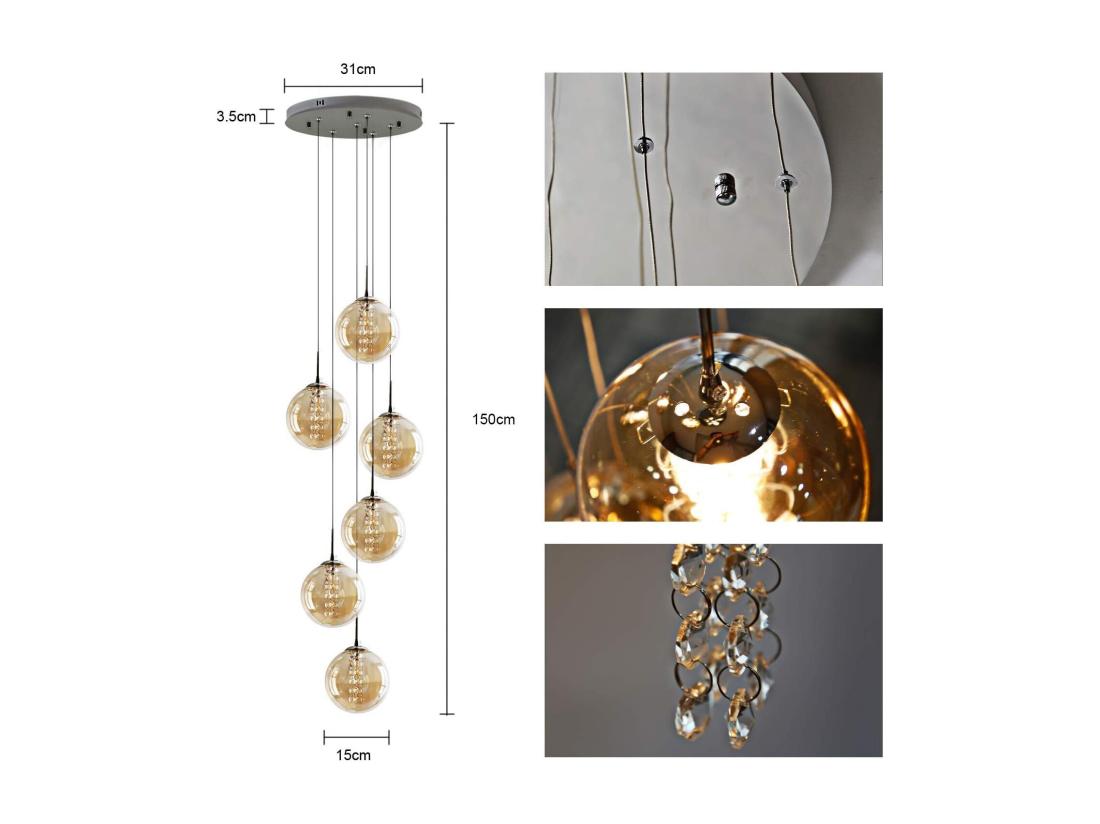 Vente Unique NETTLIFE Suspension Verre Diam.31cm G9 Ambre Table à Manger Boule Réglable En Hauteur 6 Lampes Dans La Cuisine Lampe De Salon Lampe De Chambre