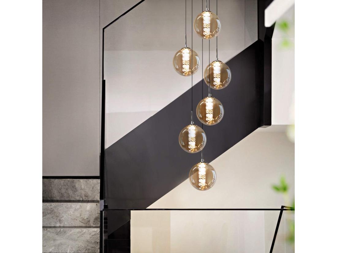 vente unique NETTLIFE Suspension verre Diam.31cm G9 ambre table à manger boule réglable en hauteur 6 lampes dans la cuisine lampe de salon lampe de chambre