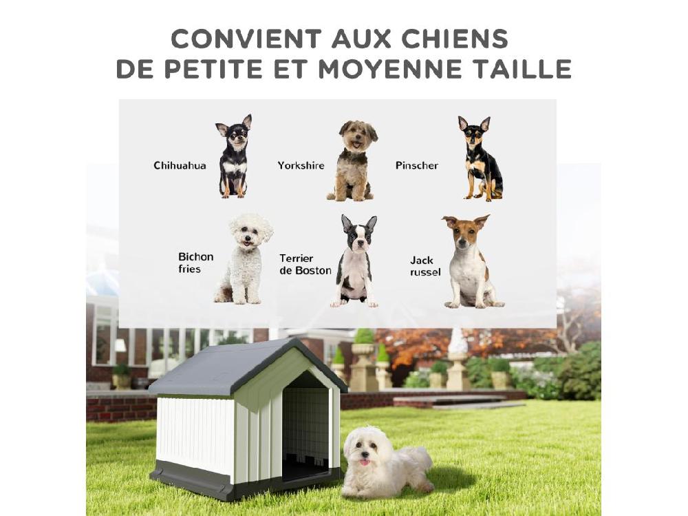 Vente Unique Niche Chien Extérieure - Maison Chien - Niche Plastique - Grille D'aération - Dim. 62L X 61l X 60H Cm - Blanc Gris Noir