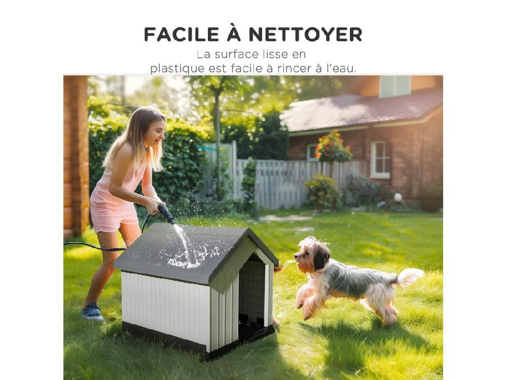 Vente Unique Niche Chien Extérieure - Maison Chien - Niche Plastique - Grille D'aération - Dim. 62L X 61l X 60H Cm - Blanc Gris Noir