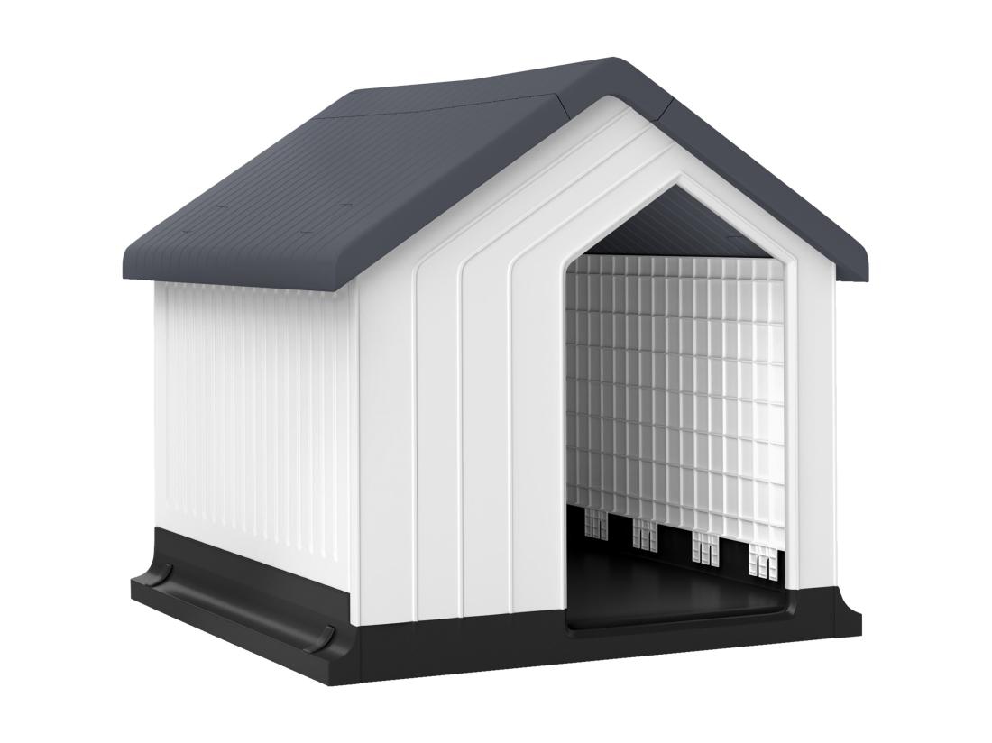 vente unique Niche chien extérieure - maison chien - niche plastique - grille d'aération - dim. 62L x 61l x 60H cm - blanc gris noir
