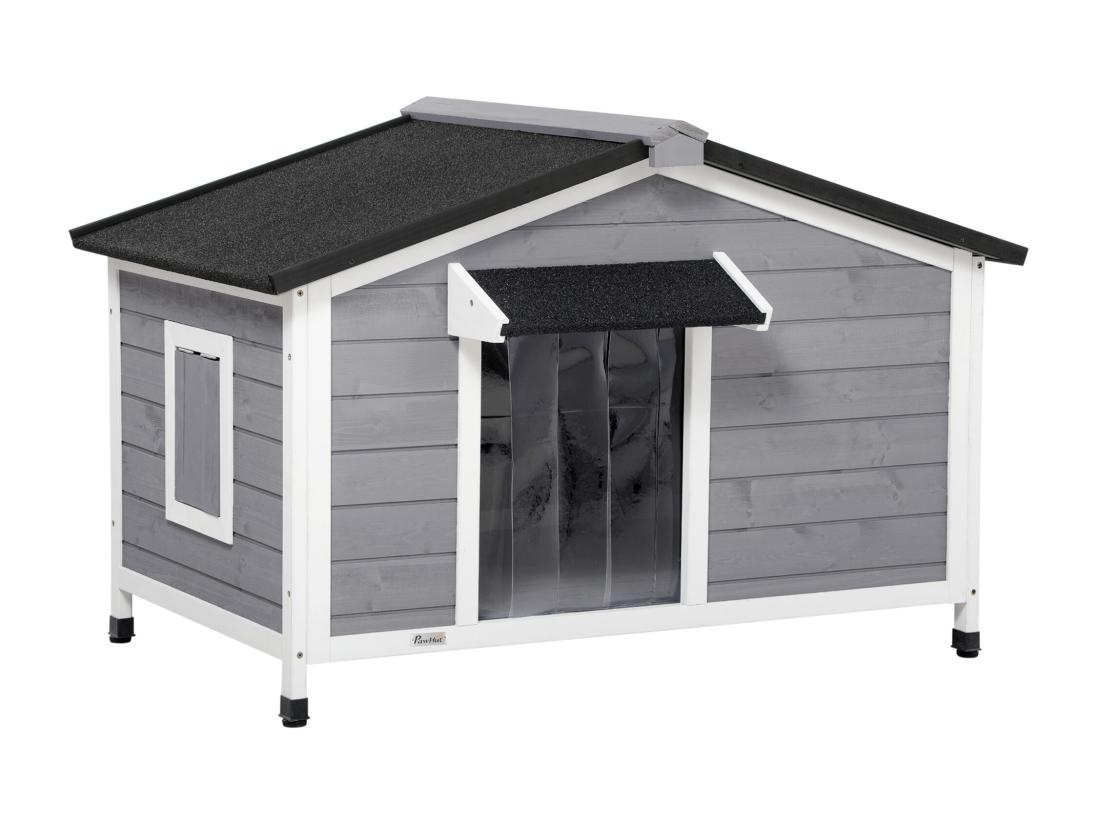 Vente Unique Niche Chien Style Cottage - 2 Fenêtres Porte Toit Ouvrant Bitumé - Bois Sapin Gris