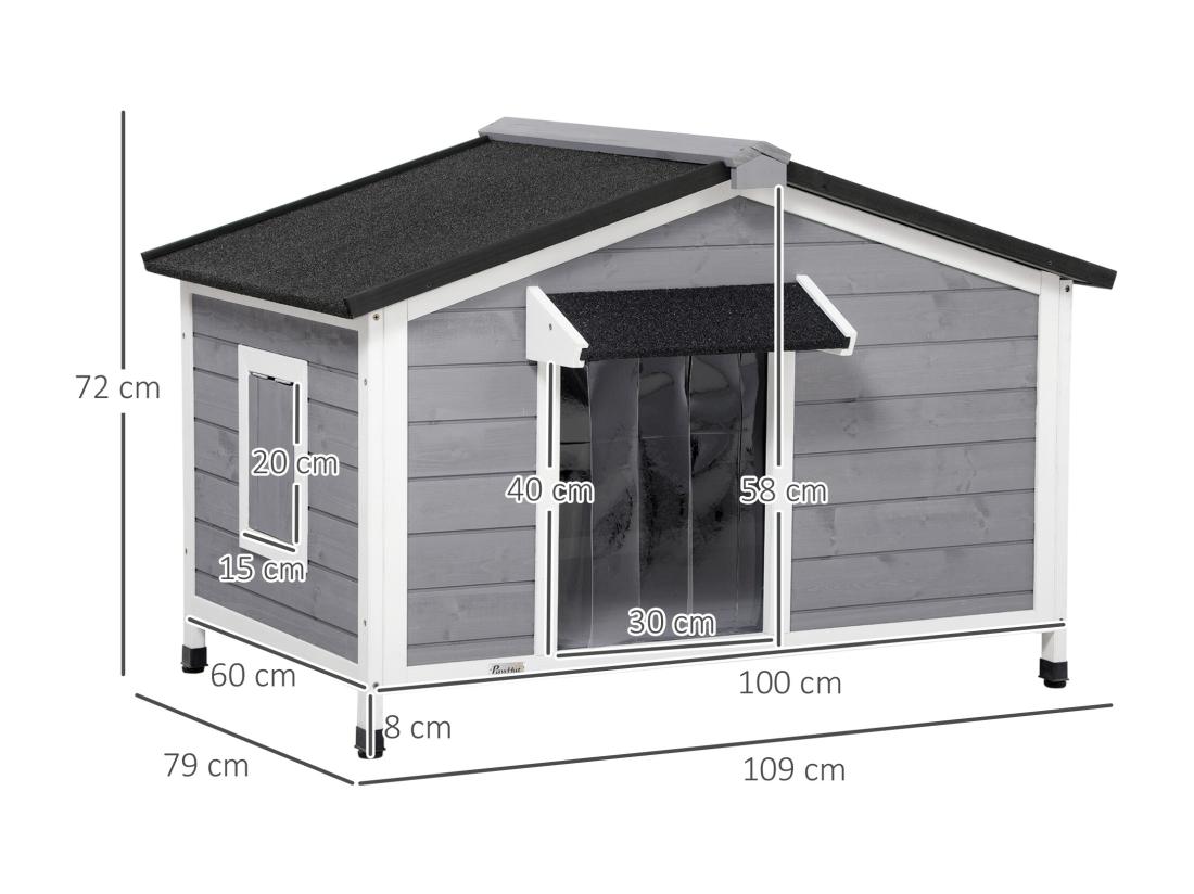 Vente Unique Niche Chien Style Cottage - 2 Fenêtres Porte Toit Ouvrant Bitumé - Bois Sapin Gris