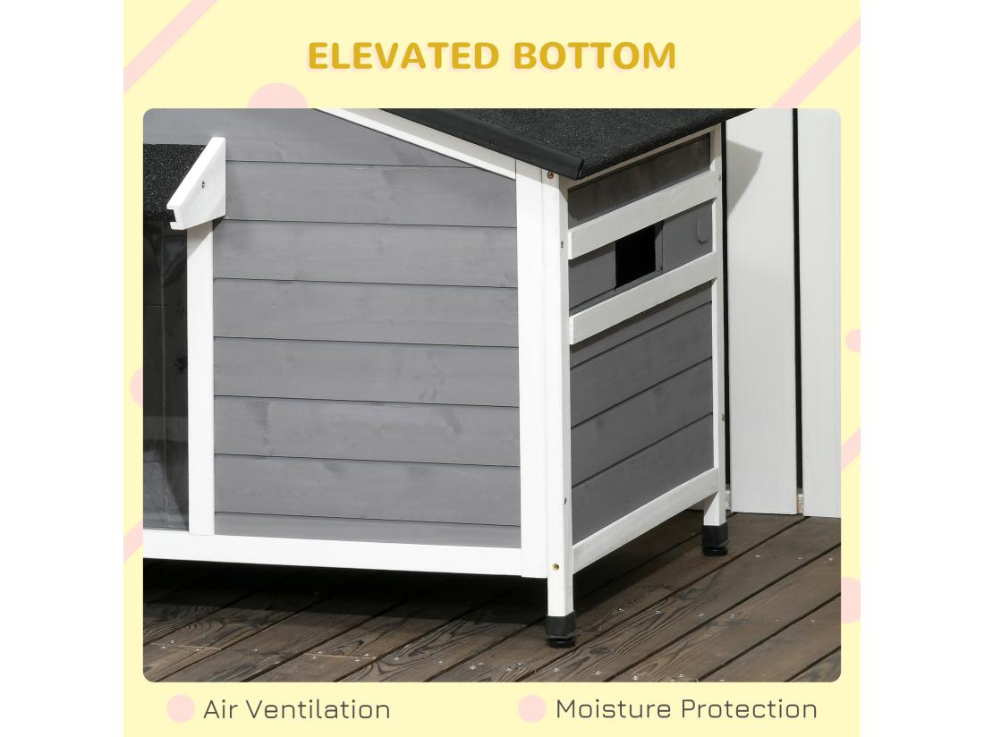 Vente Unique Niche Chien Style Cottage - 2 Fenêtres Porte Toit Ouvrant Bitumé - Bois Sapin Gris