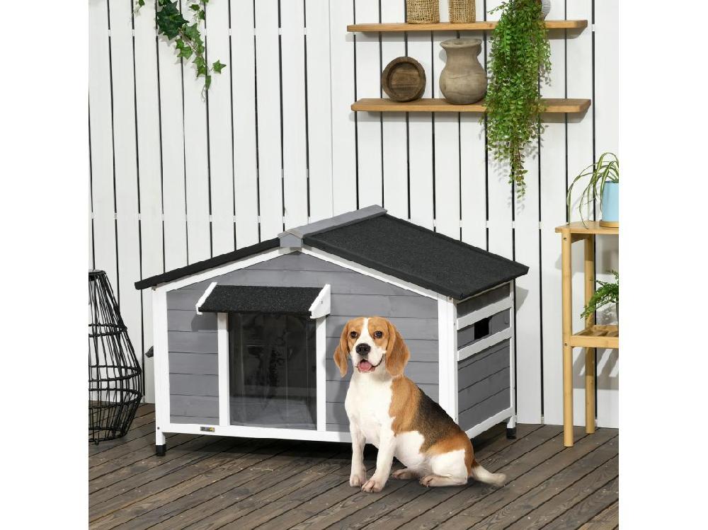 vente unique Niche chien style cottage - 2 fenêtres porte toit ouvrant bitumé - bois sapin gris