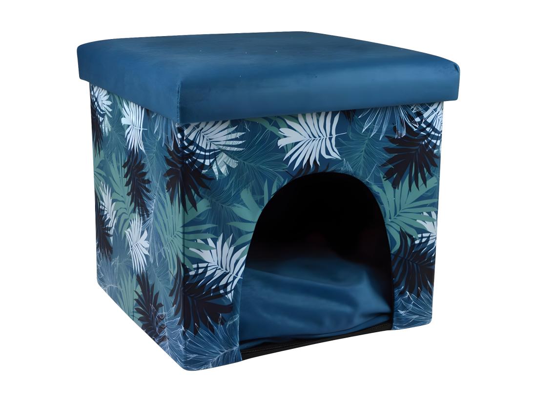 Vente Unique Niche Pouf à Imprimé Végétal "Eden" - Bleu/Vert - 35 X 35 Cm