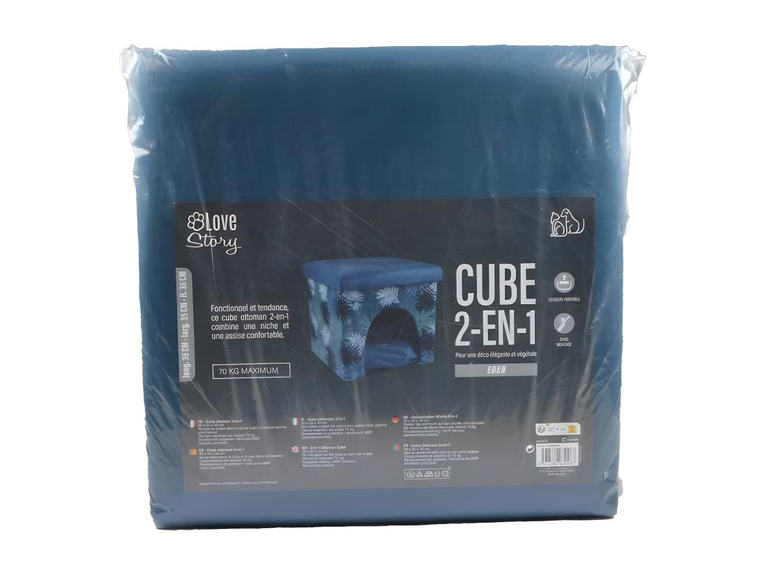 vente unique Niche pouf à imprimé végétal "Eden" - Bleu/Vert - 35 x 35 cm
