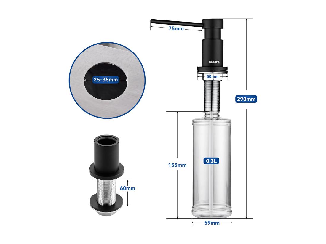 vente unique Noir Distributeur de Savon de Cuisine Distributeur de Savon pour Evier de Cuisine avec Récipient de 300ML + Tuyau d'extension en Silicone de 1 25M