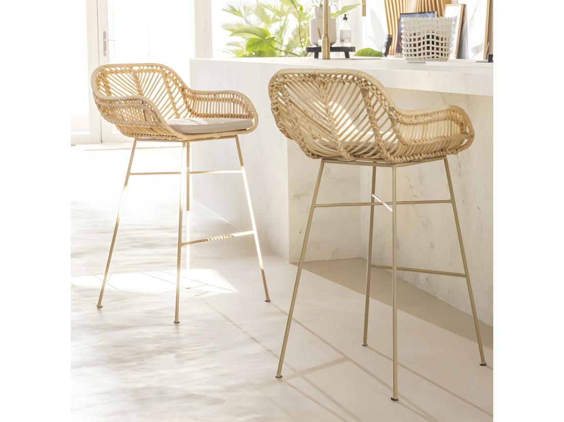 vente unique Nunuhai - Lot de 2 tabourets de bar en rotin pieds beiges H68cm - Naturel