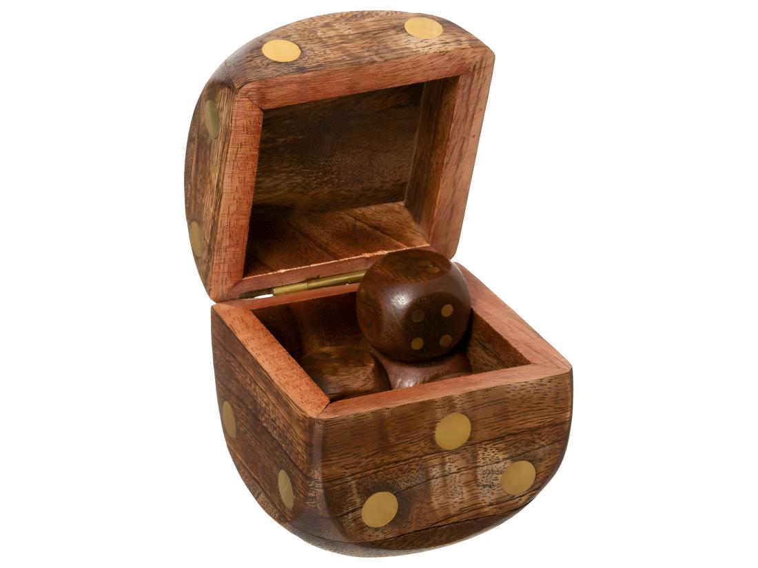 Vente Unique Objet Déco Jeu De 5 Dés Dans Une Boite En Forme De Dé En Bois De Manguier Et Laiton