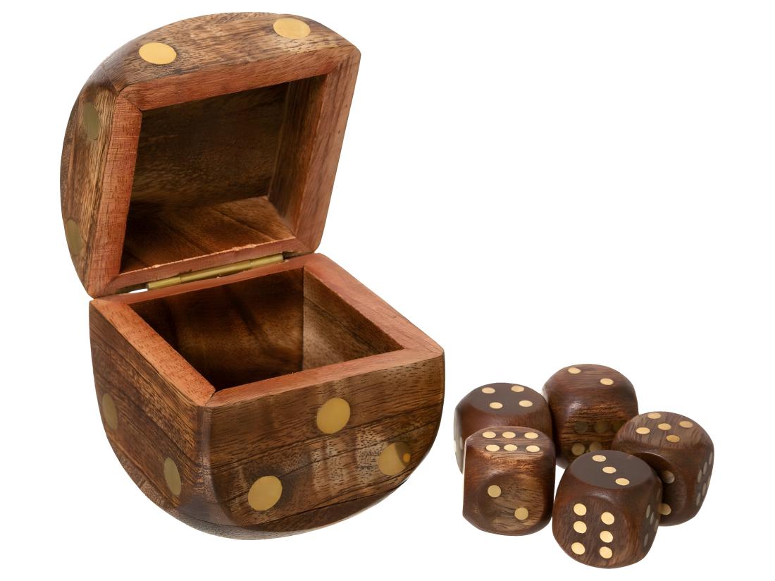 Vente Unique Objet Déco Jeu De 5 Dés Dans Une Boite En Forme De Dé En Bois De Manguier Et Laiton