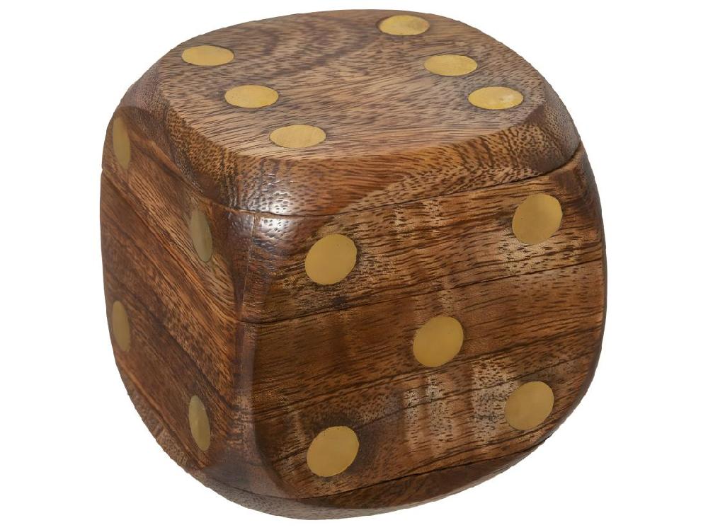 vente unique Objet déco Jeu de 5 Dés dans une Boite en forme de Dé en Bois de Manguier et Laiton
