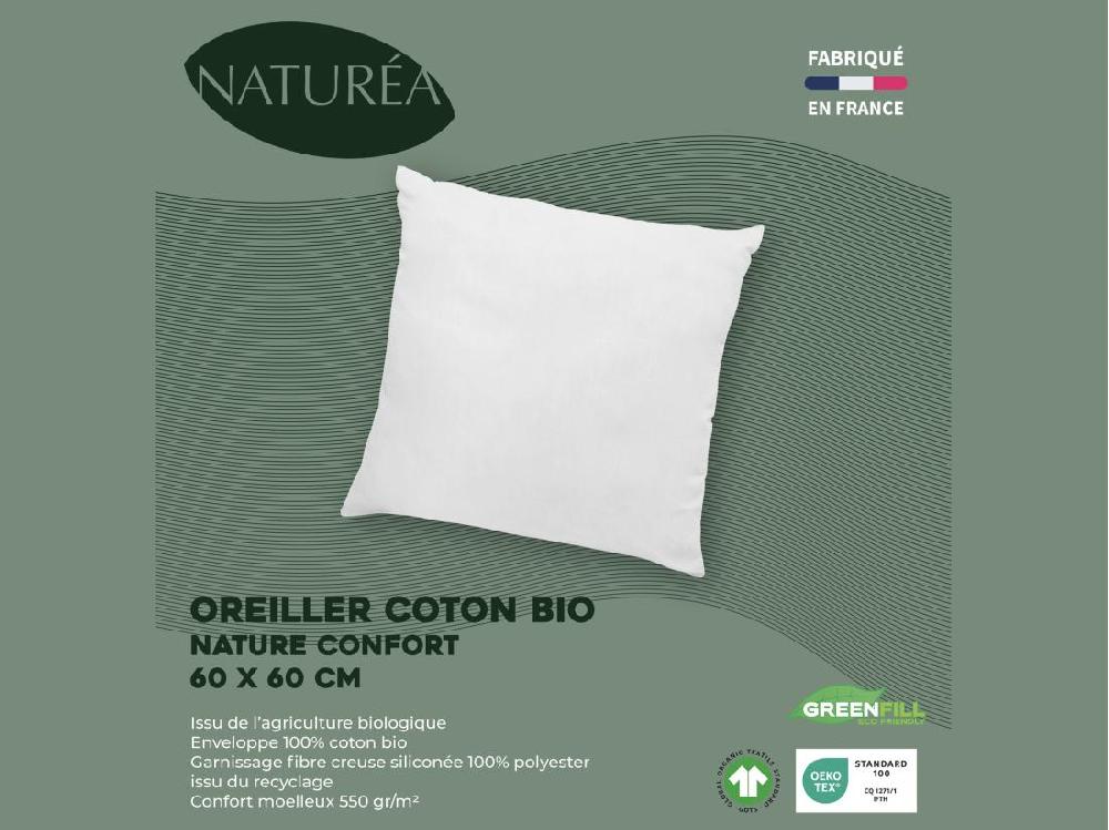 Vente Unique Oreiller En Coton Bio 60 X 60 Cm De NATUREA - 550gr/m2- Blanc- NATURE CONFORT