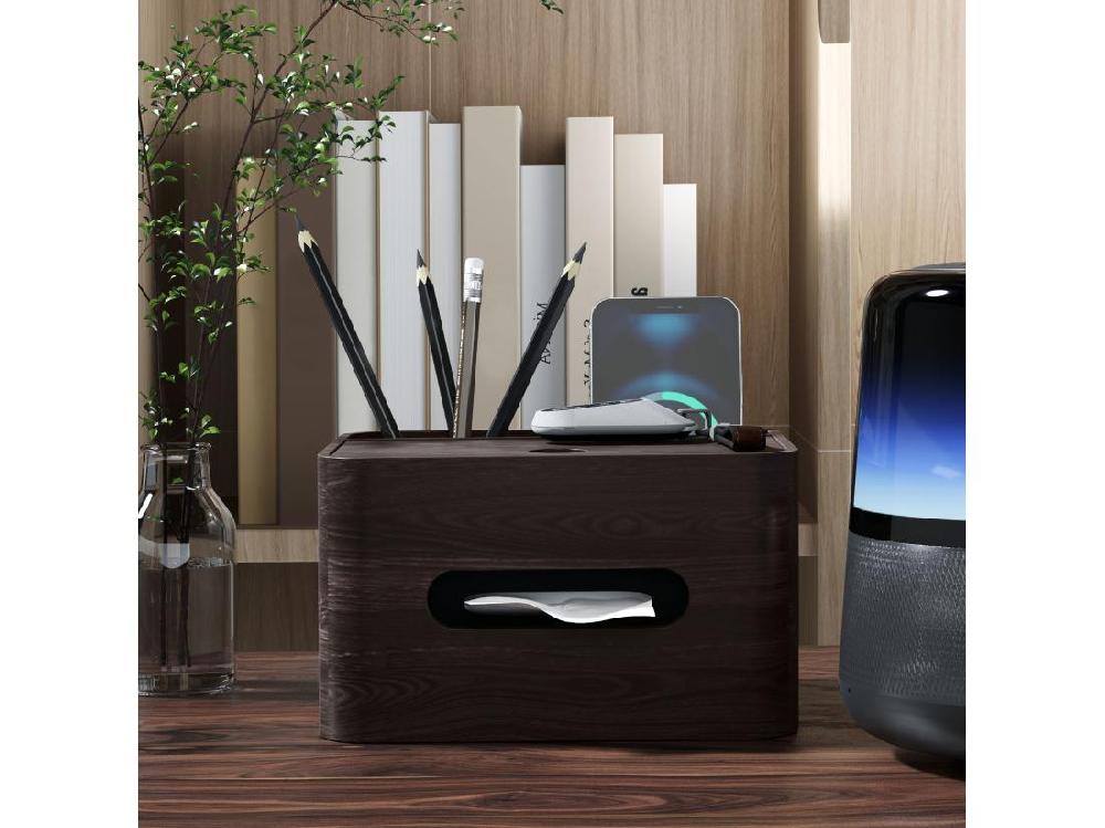 Vente Unique Organiseur De Bureau Rangement Bureau - 2 Compartiments Boîte à Mouchoirs - Aspect Bois Foncé