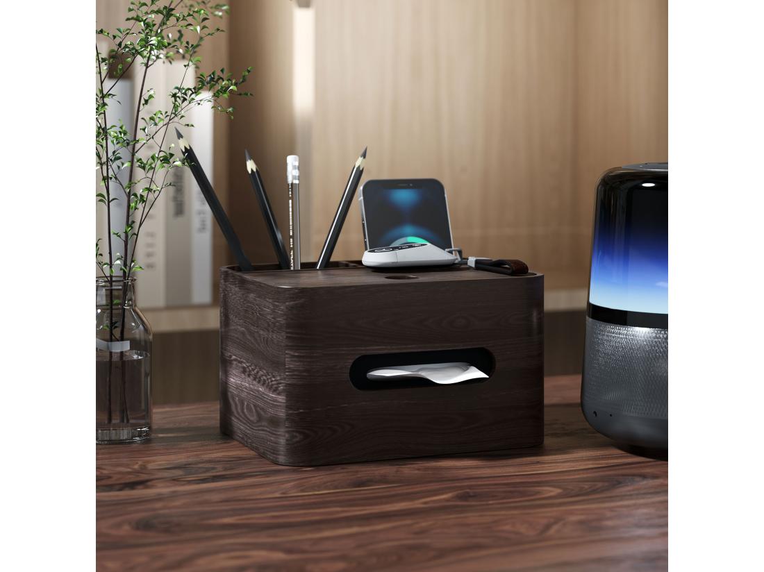 Vente Unique Organiseur De Bureau Rangement Bureau - 2 Compartiments Boîte à Mouchoirs - Aspect Bois Foncé