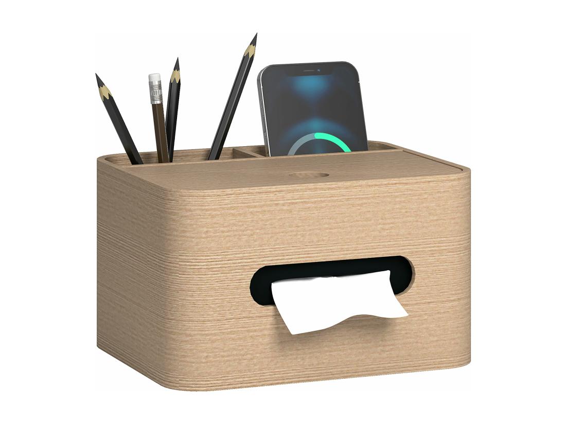 Vente Unique Organiseur De Bureau Rangement Bureau - 2 Compartiments Boîte à Mouchoirs - Aspect Bois Naturel