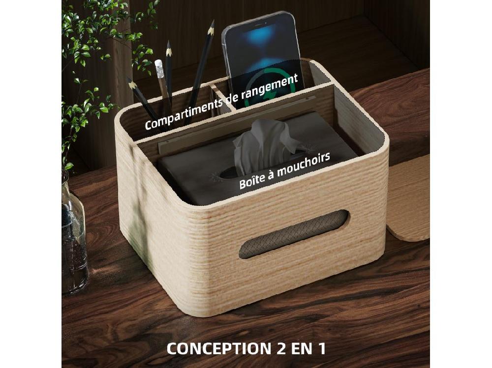 Vente Unique Organiseur De Bureau Rangement Bureau - 2 Compartiments Boîte à Mouchoirs - Aspect Bois Naturel