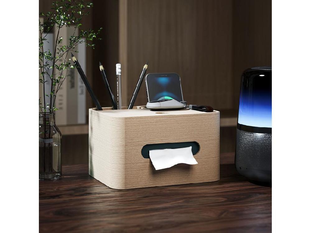 vente unique Organiseur de bureau rangement bureau - 2 compartiments boîte à mouchoirs - aspect bois naturel