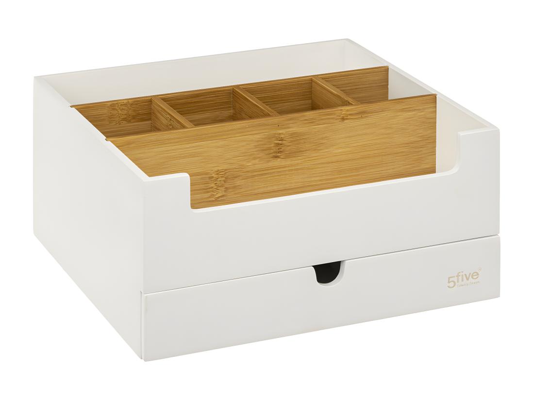 vente unique Organiseur Rangement maquillage 1 Tiroir 9 compartiments Blanc et Bambou