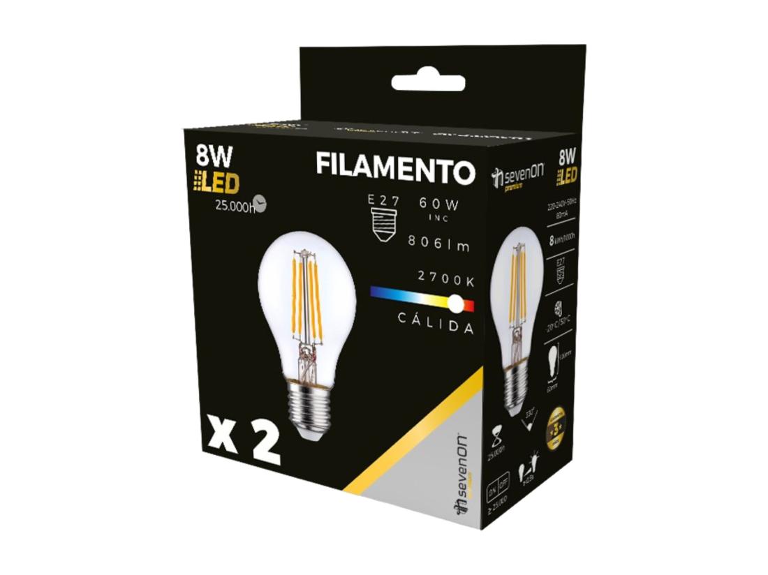 Vente Unique Pack De 2 Ampoules LED Filament Standard E27 8W Equi.60W 806lm 2700K 25000H 7hSevenOn Premium