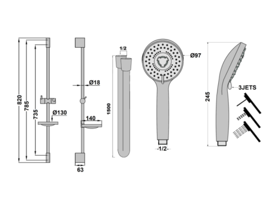Vente Unique Pack Pommeau De Douche Rond 3 Jets + Flexible + Barre + Porte Savon Paini Ruby Noir Mat