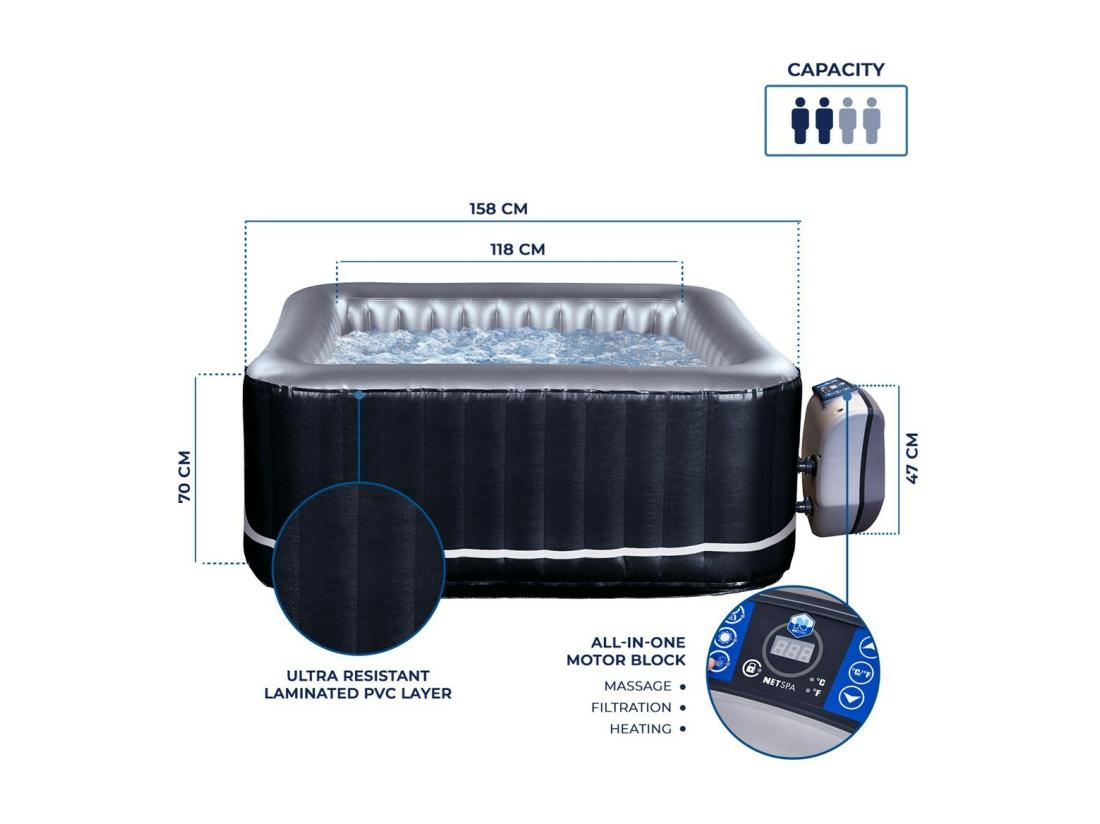 Vente Unique Pack Spa Gonflable Netspa Carré Bohemian 2 Places 158x158x70cm - Triple Fonction : Chauffage Filtration Massage - Vol 650L