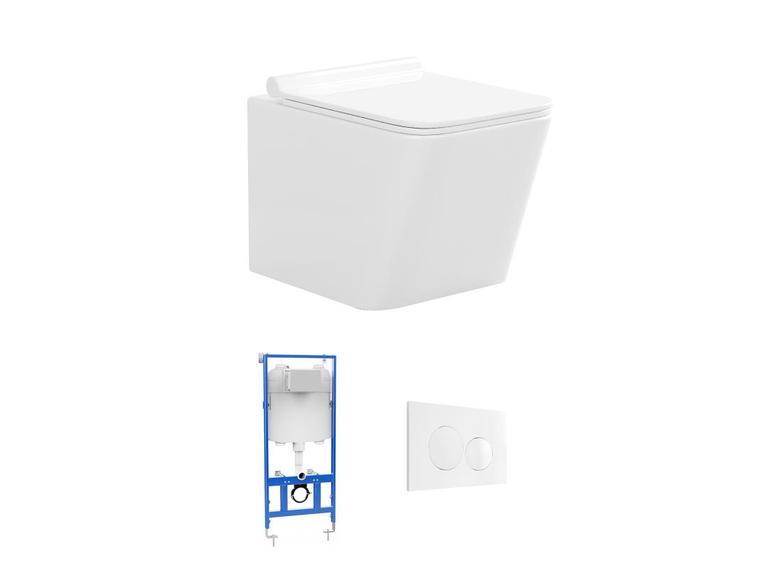 Vente Unique Pack WC Suspendu Blanc Avec Bâti-support Et Plaque De Déclenchement Blanche Ronde - CLEMONA