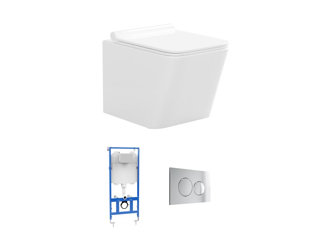 Vente Unique Pack WC Suspendu Blanc Avec Bâti-support Et Plaque De Déclenchement Chrome Ronde - CLEMONA