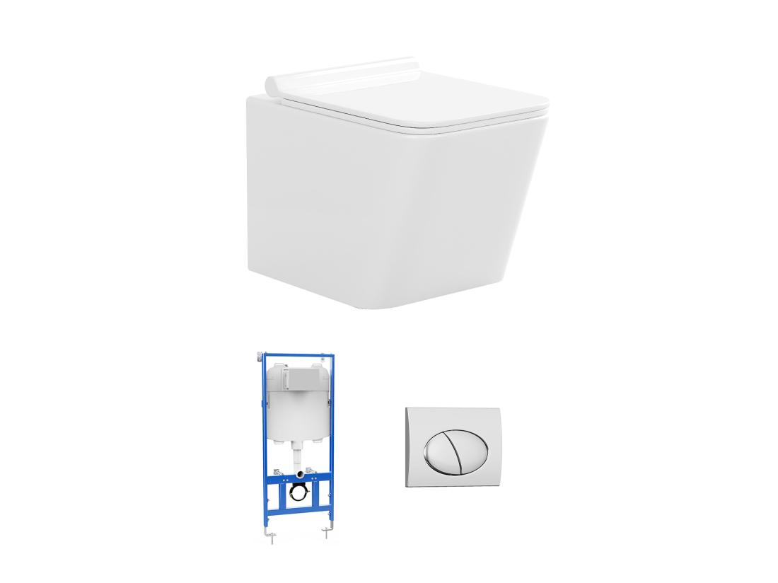 Vente Unique Pack WC Suspendu Blanc Avec Bâti-support Et Plaque De Déclenchement Chrome Ovale - CLEMONA