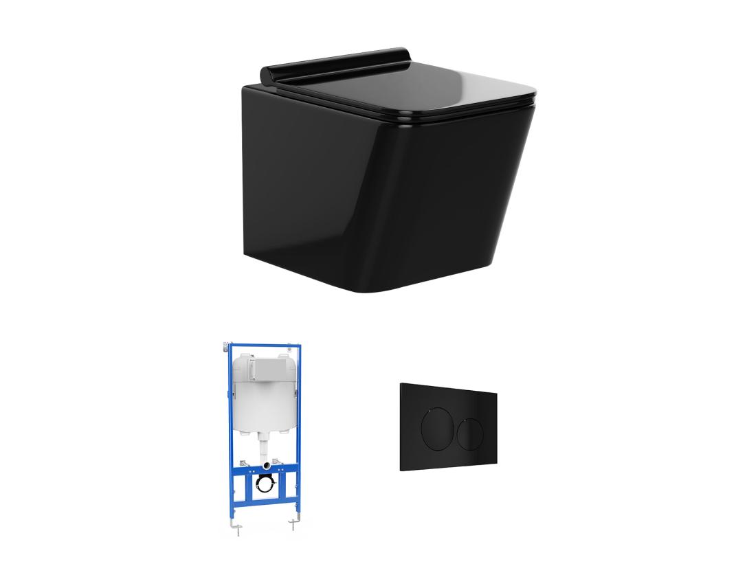 Vente Unique Pack WC Suspendu En Céramique Noir Brillant Avec Bâti-support Et Plaque De Déclenchement Ronde - CLEMONA
